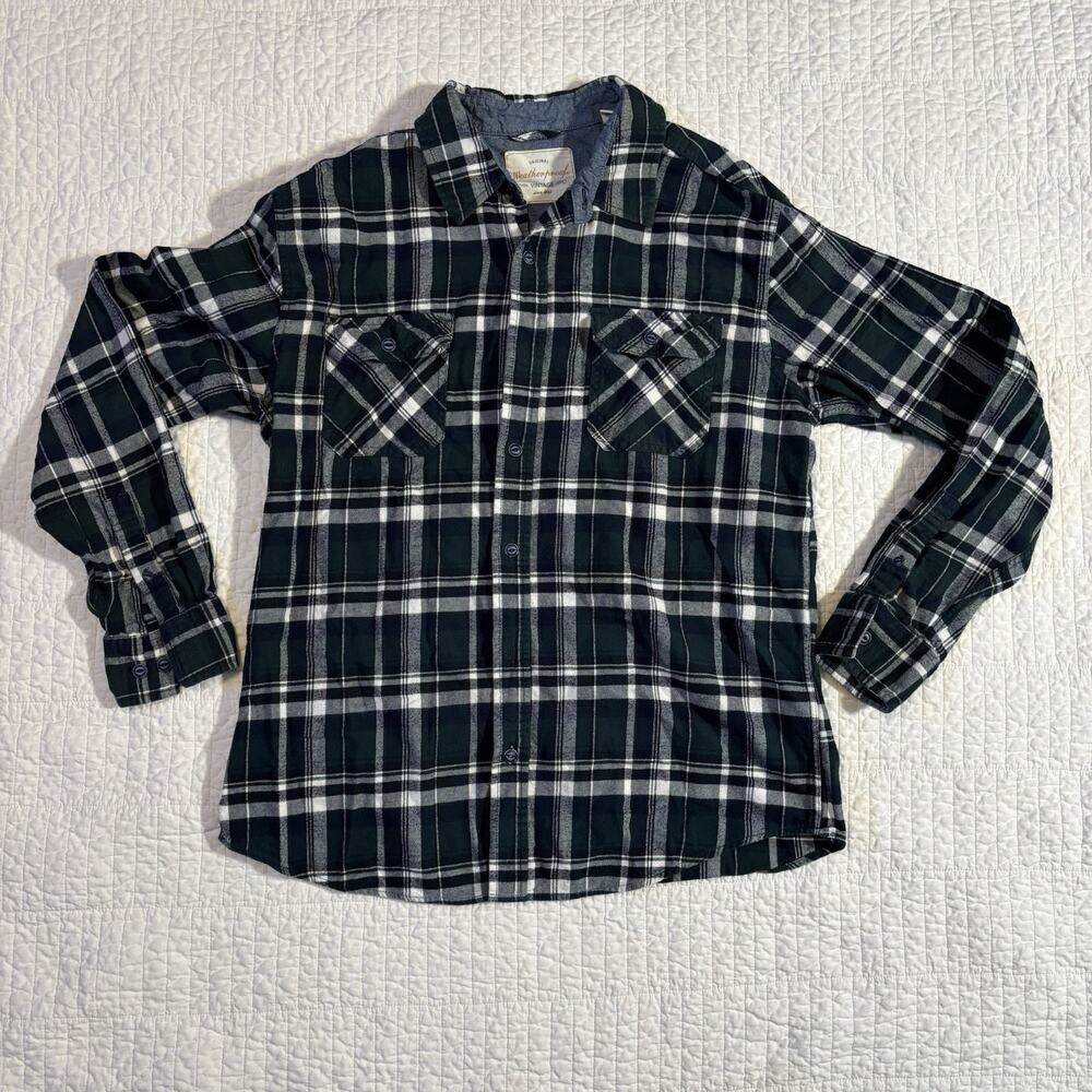 Men's Large Weatherproof Vintage Flannel Shirt Black White Green Plaid Button Up